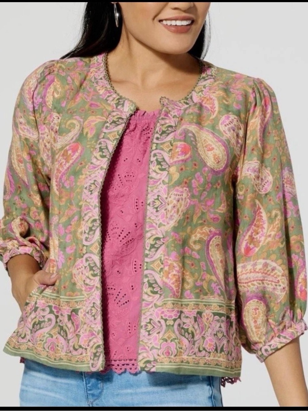 Democracy 3/4 Sleeve Round Neck Reversible Woven Jacket Open Front Paisley Large